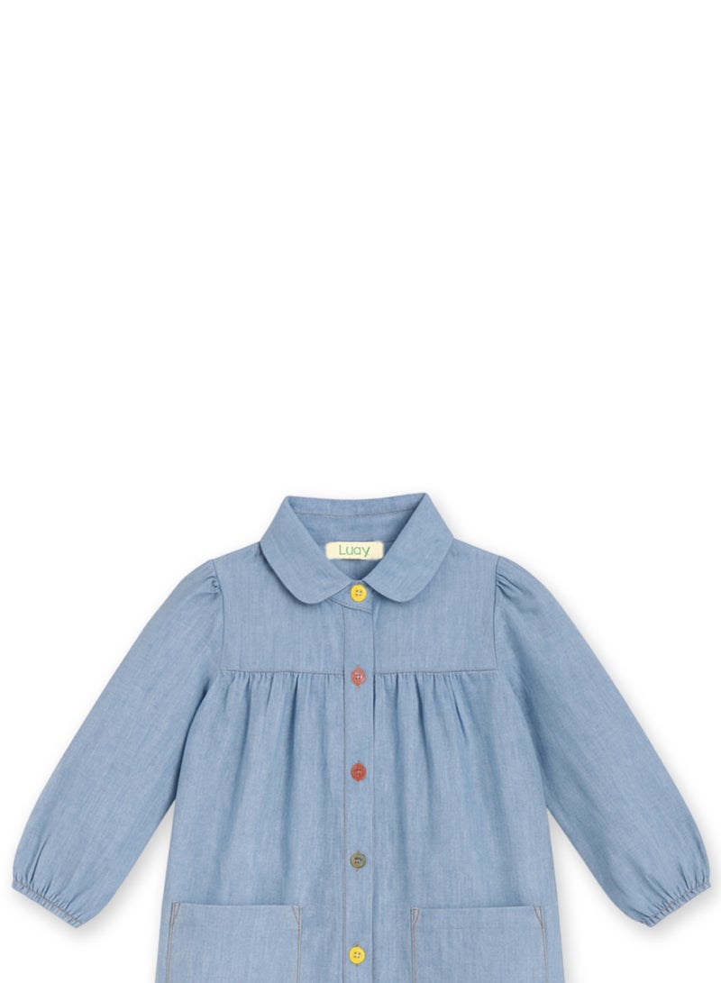 Luay Girls Denim Frock | Stylish Full Sleeve Dress for Kids | Soft Cotton Denim | Casual Party Wear Outfit for Baby Girls | Fashion Blue - Image 4